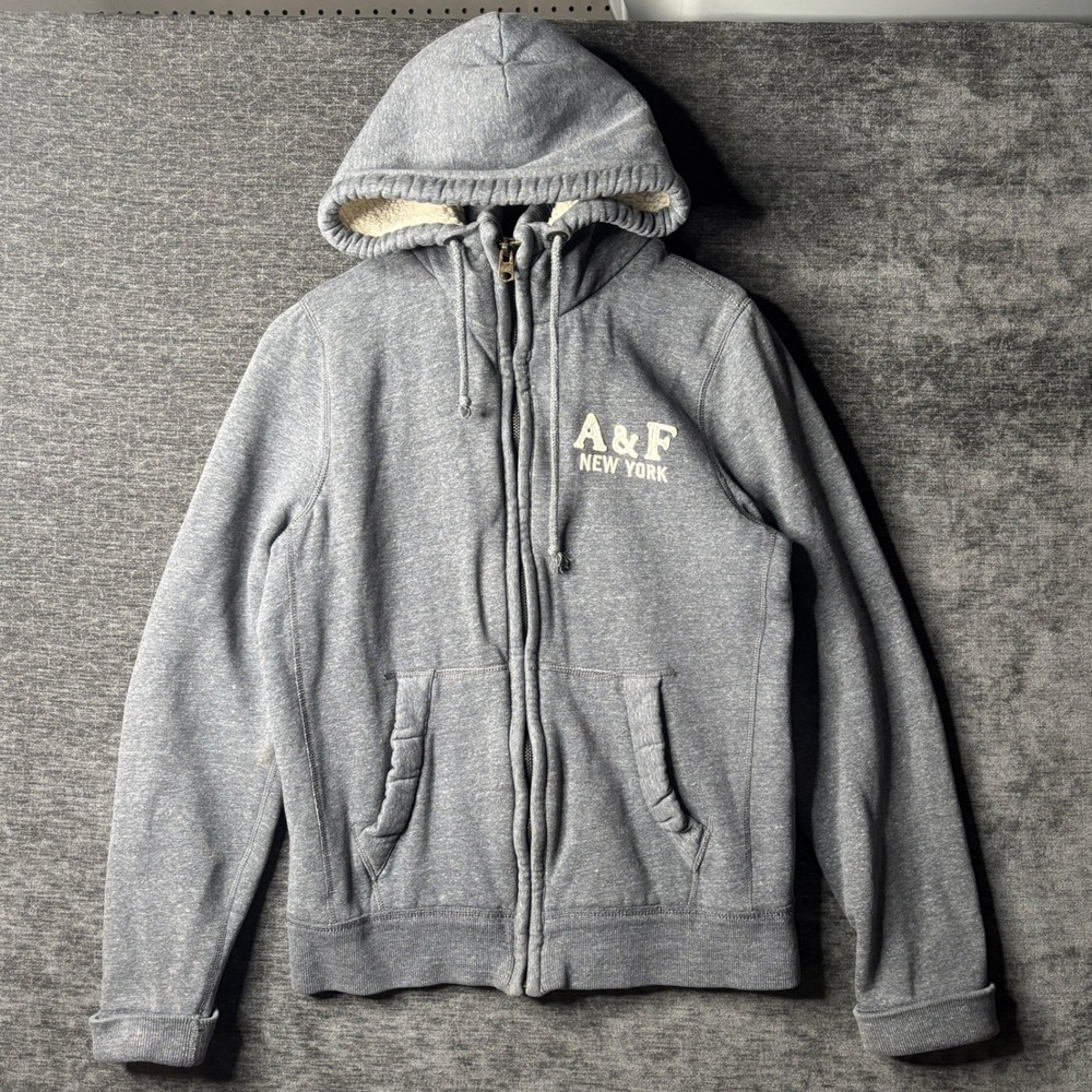 Y2K Abercrombie & Fitch Mens XL Gray Sherpa Lined Full Zip Hoodie A&F New York